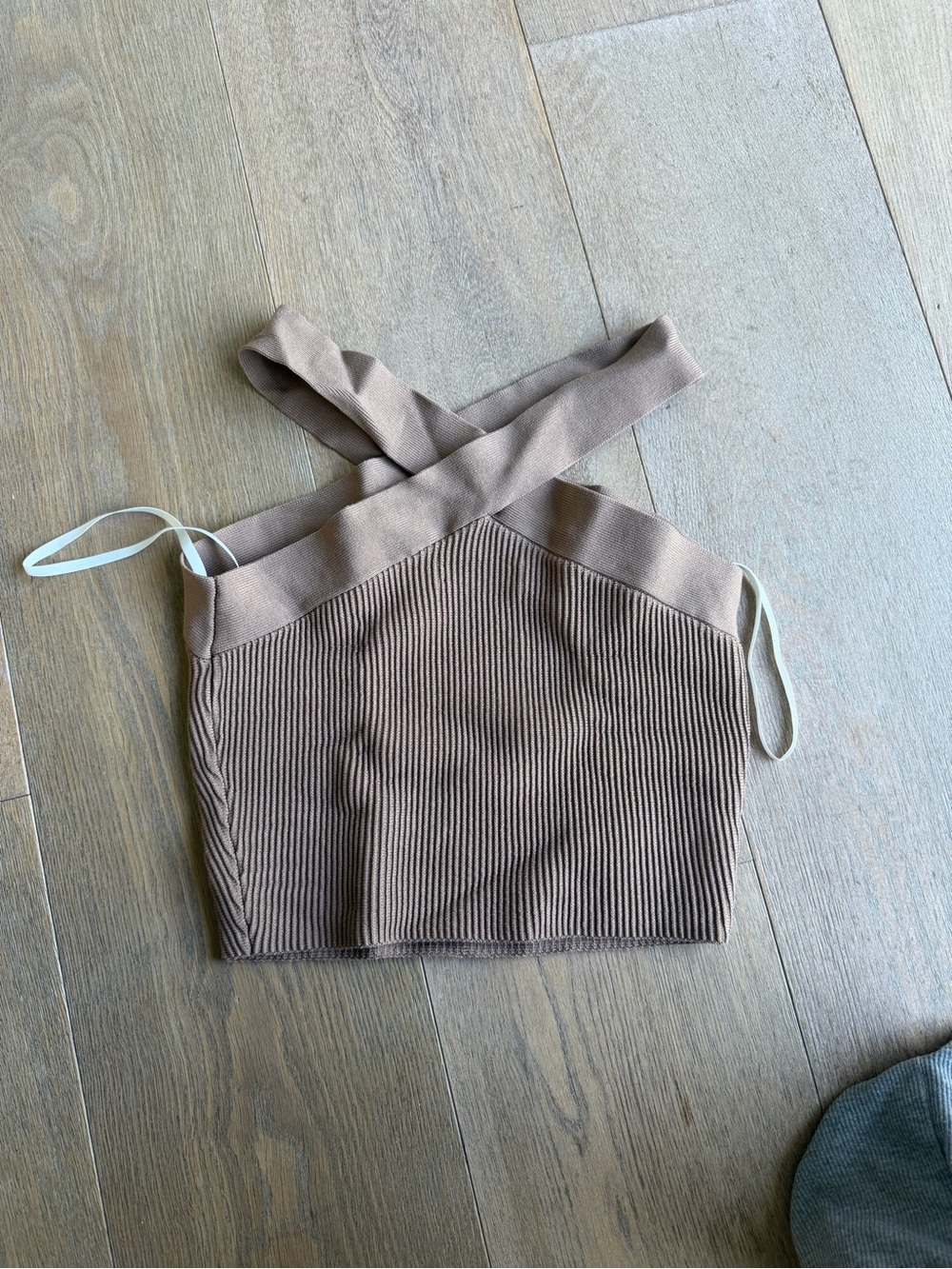 Aritzia Ribbed Cross-Strap Crop Top - Taupe Brown